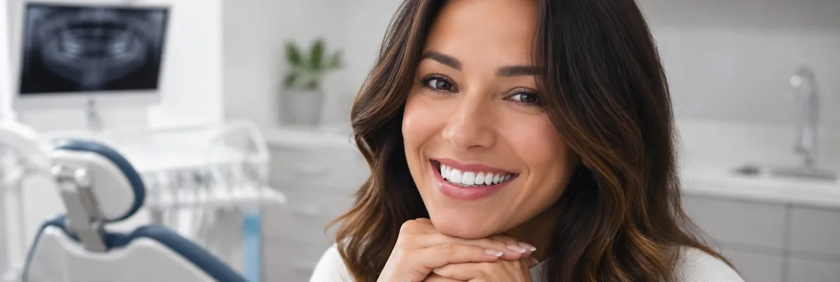 Smiling woman in the dental chair after crown treatment