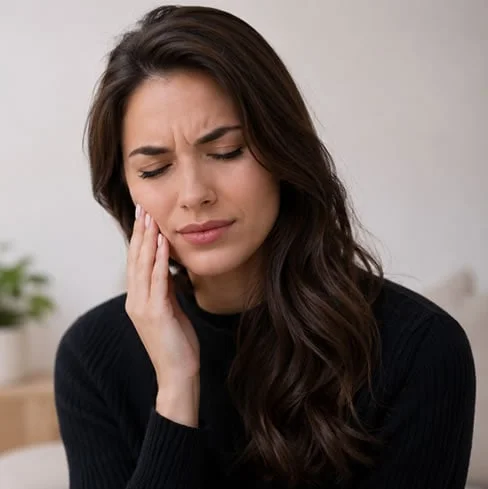 Woman holding her cheek with a toothache — call for a same-day emergency appointment