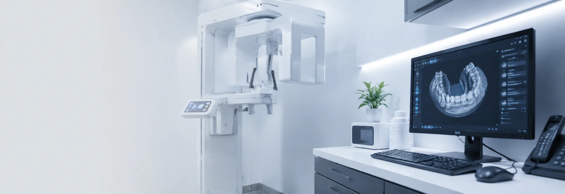Modern digital dental imaging suite with a 3D tooth scan on the monitor