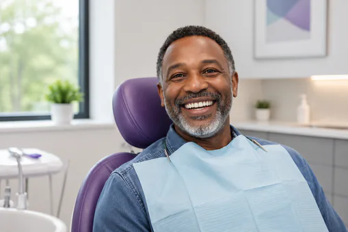 Mature man at dentist's office chair during oral cancer screening
